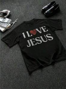 1 Men's T-Shirt, 100% Cotton, With A Distressed "I Love Jesus" Graphic Print. Perfect For Everyday Wear By Christian Men, It Makes An Ideal Gift. 180g 100% Cotton. - 黑色 - 查看 2