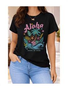 Women's Casual Short Sleeve T-Shirt With Aloha Print, Beach Style, Palm Trees, Tropical Flowers - 黑色 - 查看 5