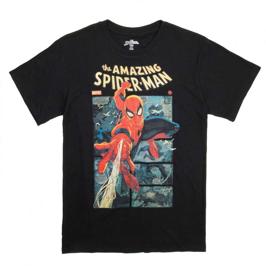 Spider-Man Swinging Through The Comic Panels T-Shirt - màu đen - Xem 1