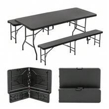 1.8m Folding Picnic Table With 2 Benches, 3 Piece Camping Set, HDPE Tabletop With Tree Print, Safety Lock, UV And Water Resistant, Black. - Black - View 11