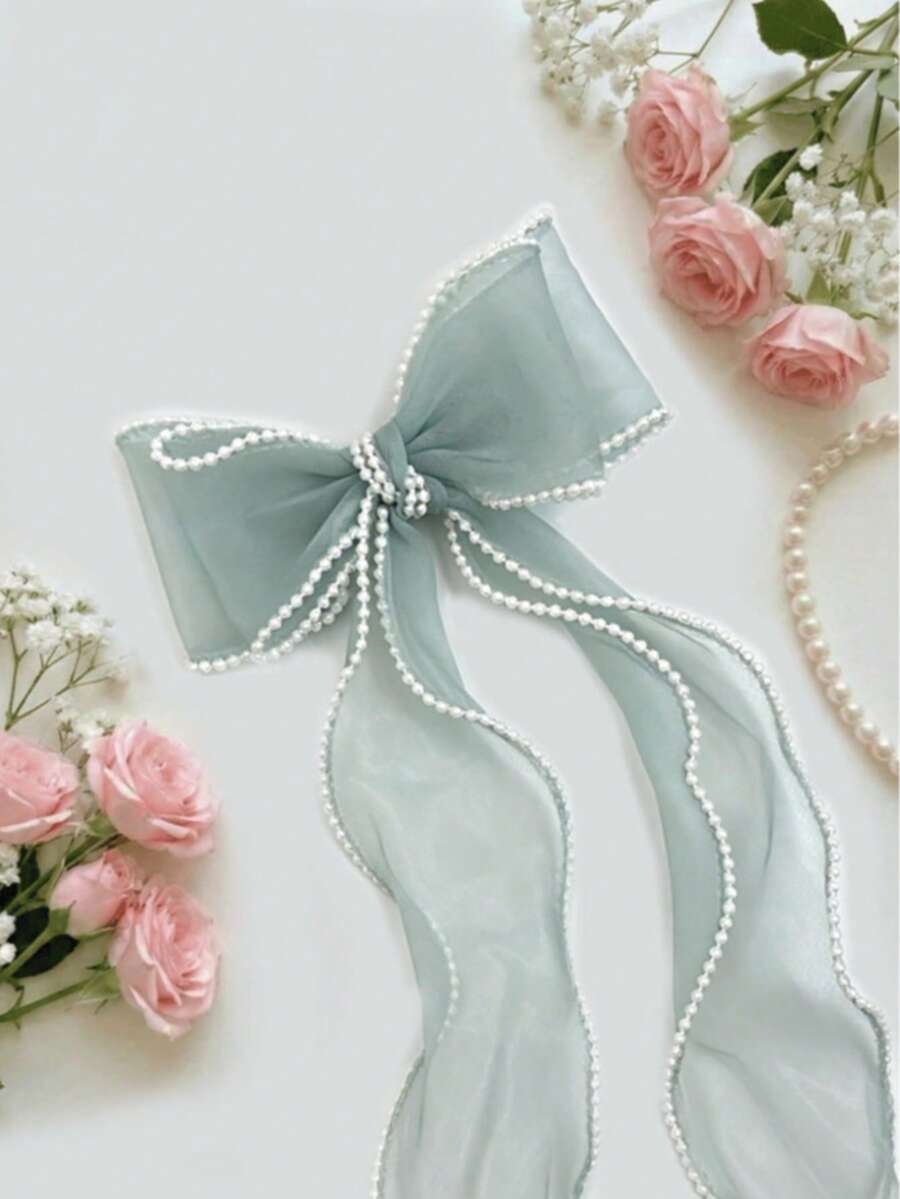 1pc Pearl Decor Bow Hair Clip, Elegant Women Hair Accessory For Wedding, Party, Beach, Daily Wear, Summer,Travel,Birthday, Claw Clips - Mint Green - View 1