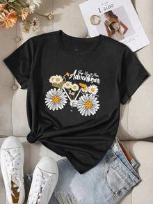 Blusas Bonito Camiseta Tipo Polo Para Mujer Moda Manga Corta Súper Comoda Estampado De Crisantemo 100% Cotton Blusas Para Mujer Casual - Negro - Ver 1