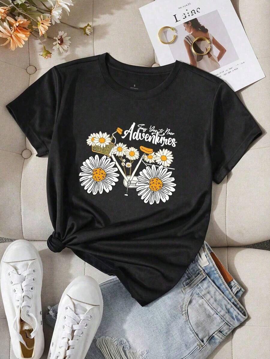 Blusas Bonito Camiseta Tipo Polo Para Mujer Moda Manga Corta Súper Comoda Estampado De Crisantemo 100% Cotton Blusas Para Mujer Casual - Negro - Ver 1