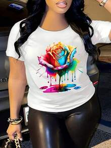 Women's Short-Sleeved Cotton T-Shirt. A Stylish And Cute Short-Sleeved T-Shirt With A Colorful Rose Print, Perfect For Casual Outings, Shopping, And Get-Togethers. - 白色 - 查看 1