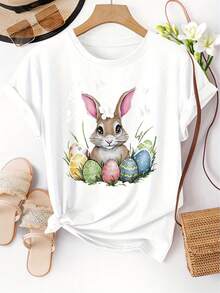 Women's Short Sleeve Cotton T-Shirt, Easter Bunny Design T-Shirt - Soft Pink Short Sleeve T-Shirt With Bunny And Egg Design, Casual And Comfortable Fit, Perfect For Spring. | Vintage Graphic Print T-Shirt | Shiny Texture - 白色 - 查看 6
