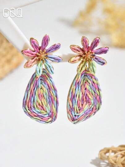 OOQ 1 Pair Bohemian Asymmetrical Geometric Floral Stud Earrings, Handmade Rattan Woven Earrings, Fashionable & Unique Design, Suitable For Any Holiday, Beach, Vacation Wear (Handmade Rattan Woven, Shape & Direction Random)
