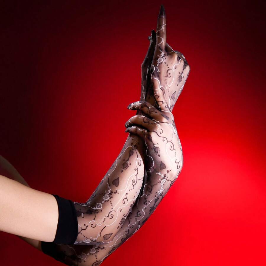 1双女士复古提花藤蔓花卉图案超薄透气黑白极光半透明印花五指手套,适合夏季、婚礼、旅行、节日装扮,时尚、性感、优雅、丝滑,适合节日、派对等场合。 - 彩色 - 查看 1