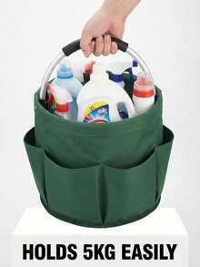 1pc Rustic Solid Color Garden Tool Tote, Round Bucket Shape With 6 Side Pockets & Padded Metal Handle, Foldable Oxford Cloth Storage Bag, Large Capacity Organizer For Home Gardening, - A - View 10