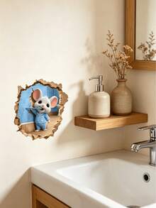 2D Realistic Mouse Hole Wall Sticker, Cute Mouse Brushing Teeth Creative Design, Waterproof Oil-Proof Easy To Clean Self-Adhesive Wall Decal, Suitable For Bathroom, Kitchen, Bedroom, Living Room, Unique Funny Home Decor, Perfect For Rental Renovation - 1PC - View 7