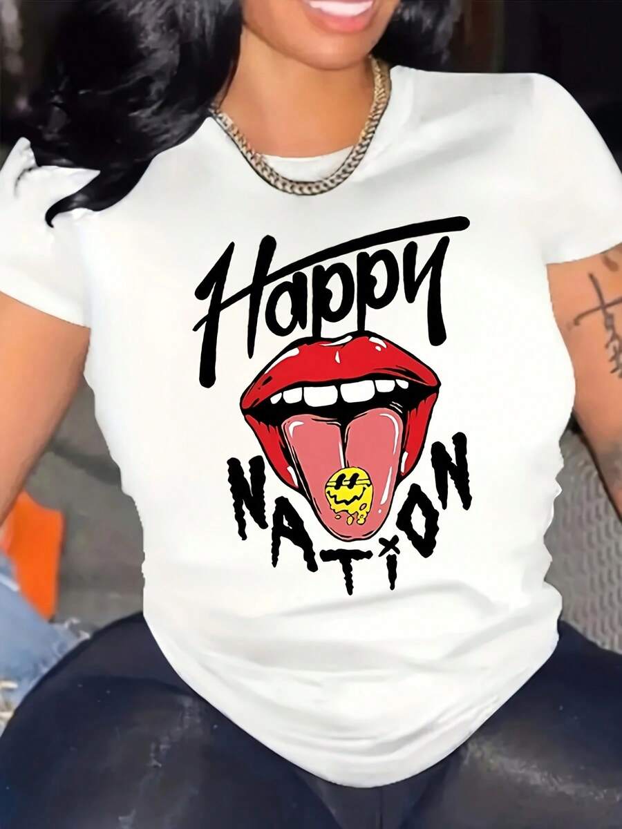 Playera Estampada De Lengua Y Letras, Blusa Casual De Manga Corta Y Cuello Redondo Para Primavera Y Verano, Ropa De Mujer - Blanco - Ver 1