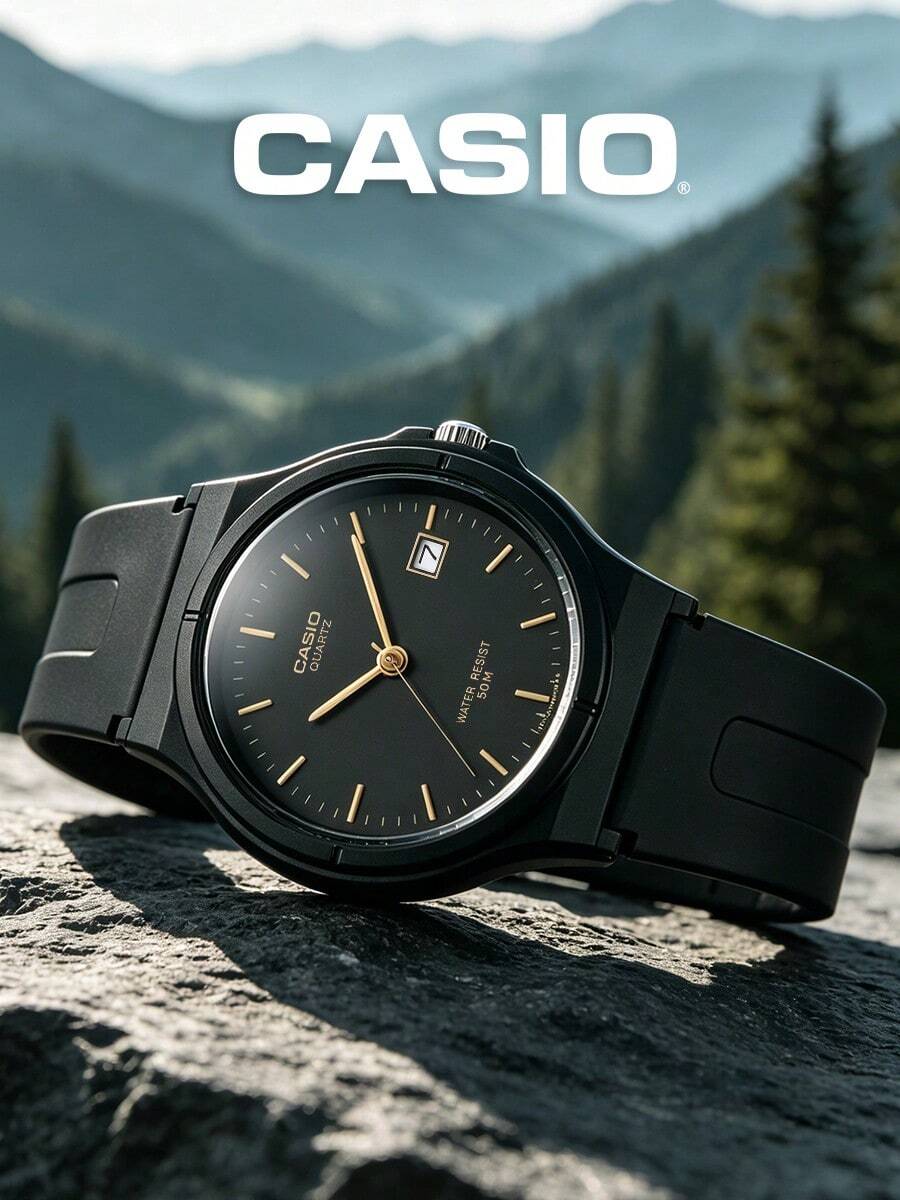Casio 男女通用经典石英表,黑色树脂表带,黑色表盘搭配金色刻度,日期显示,轻巧休闲运动腕表,简约日常风格,适合男女佩戴,可用于生日、聚会、户外活动、旅行、上学、办公等场合。 - 黑色 - 查看 1