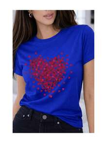 Soft 100% Cotton T-Shirt, Short Sleeve, Heart Mosaic Sleeve Print, Romantic Casual Style, Micro Hearts, Breathable Cotton T-Shirt, Goes With Everything, Great. - 藍色 - 查看 2
