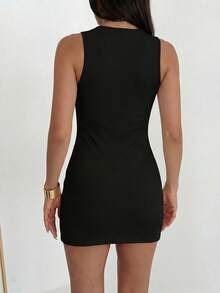 EARO Women's Sleeveless Ribbed Knit Mini Dress With Cutout Waist Design Elegant - Black - View 6