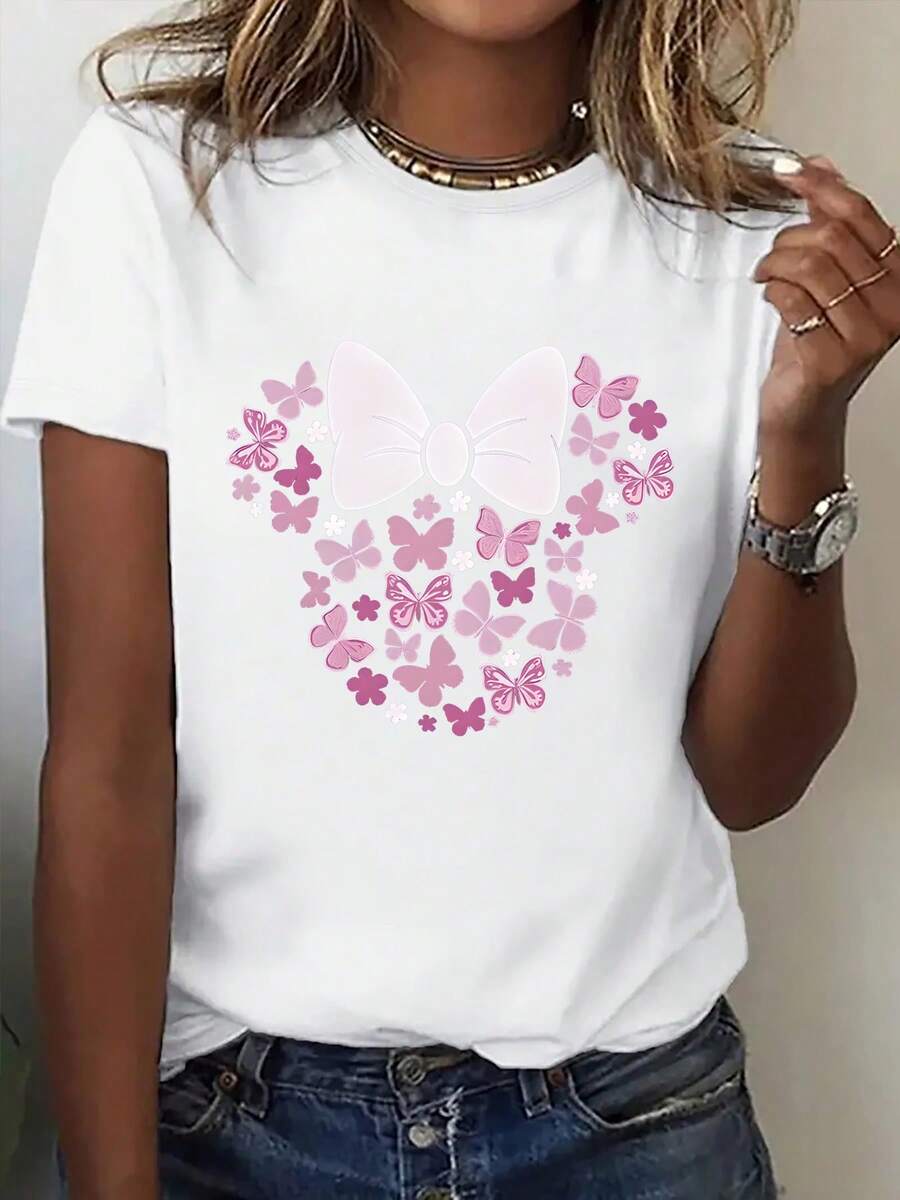 An Interesting Short-Sleeved T-Shirt Printed With Sweet Floral Motifs And Bows, A Fashionable Casual T-Shirt For Women, A Stylish And Unique Basic Round Neck Printed T-Shirt And Comfortable, Suitable As A Gift, A Comfortable And Breathable Sports T-Shirt. - 白色的 - 查看 1