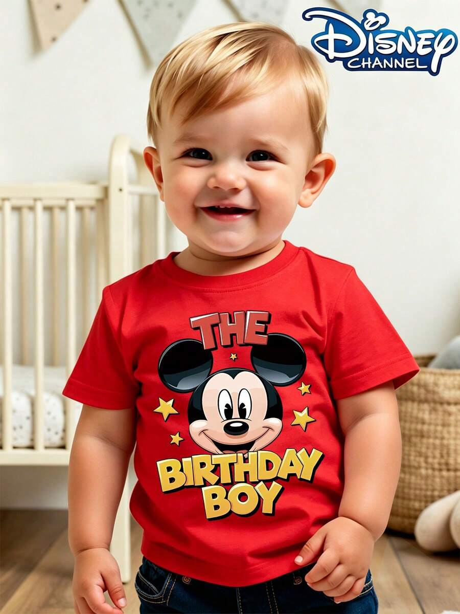 Disney's New Mickey Mouse Birthday Print For Boys - Children's Clothing Design, T-Shirt, Everyday Wear, Casual And Cute, Comfortable And Loose, Suitable For Boys And Girls, Ideal For Parties And Play, Washable, Girls' Short-Sleeved Shirt, Gift, Clothing, Shirt, Patterned T-Shirt, Toddler Boy Clothes, Tops, Kids, Girls Clothing, Mommy And Daughter Matching Outfit. - 紅色 - 查看 1