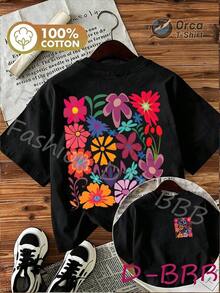 Women's Casual Spring/Summer T-Shirt With Colorful And Contrasting Floral Prints, Double-Sided Print, Cute Retro Style, Crew Neck And Short Sleeves, Perfect For The 4th Of July, World Cup Match Day, Soft And Lightweight T-Shirt, Easy To Match With Any Outfit. Women's 100% Cotton Graphic T-Shirt, Brokey Y2K Style, Crew Neck, Loose Fit. - 黑色 - 查看 6