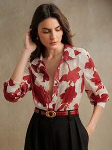 Blusa de manga larga casual de verano para mujer, de estilo jacquard francés tejido, elegante y de ocio para vacaciones - Rojo - Ver 6