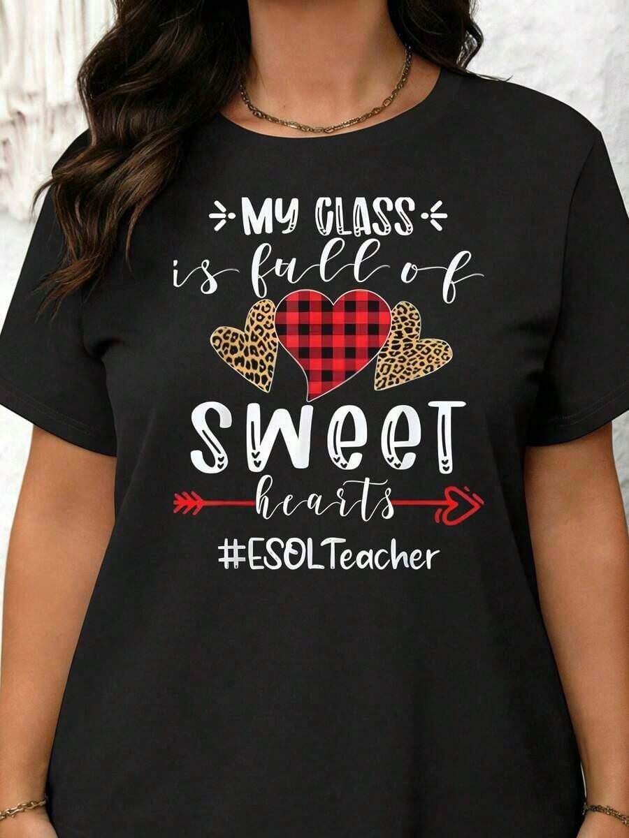 Camiseta de talla grande para mujer, diseño estampado "Sweet Mood" para parejas y actividades al aire libre, cuello redondo, mangas cortas, tela suave y cómoda, lavable a máquina. Adecuado para uso casual en primavera y verano o como regalo.2026 - Negro - Ver 1
