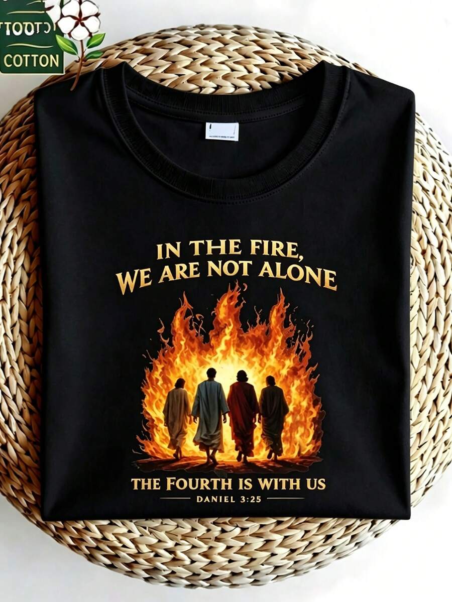 Religious T-Shirt With The Message 'IN THE FIRE, WE ARE NOT ALONE' And An Illustration Of A Biblical Story - A Soft And Breathable Crew Neck Casual T-Shirt, Available In Various Colors. A Meaningful Gift For Spiritual Enthusiasts, Suitable For Wearing At Home, In Everyday Life, At Parties, And While Traveling - Perfect As A Gift For Friends Or Family. - 黑色 - 查看 1