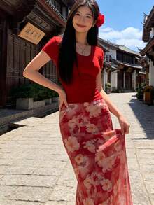 YeonC 女士波西米亚风印花修身长裙，撞色网纱细节，高弹涤纶面料，适合海滩度假穿着 - 紅色 - 查看 3