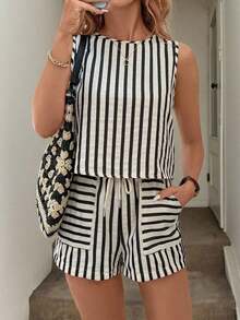 Set de 2 piezas de top corto sin mangas a rayas y pantalones, conjunto informal de verano con bolsillos para mujer - Negro 2 - Ver 9