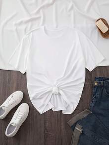 New Women's Fashion T-Shirt, Inspirational Butterfly And Rainbow Print, Round Neck, Plus Size T-Shirt, Pure Cotton For Summer, Loose And Flattering, Local Delivery, Fashionable Casual Top, Casual Style, Round Neck, Slightly Stretchy. - 白色 - 查看 3
