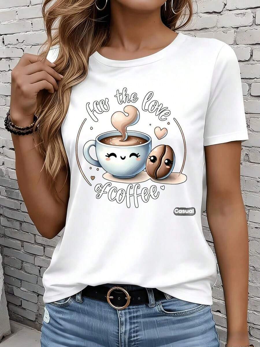 Women's Short-Sleeved T-Shirts In Black And White Are Suitable For Everyday Wear, Lounging At Home, And Outdoor Activities. Show Your Love For Coffee With The Cute Coffee Cup And Bean Design. This Casual T-Shirt For Women Makes A Great Gift For Parties Or Holidays. - 白色 - 查看 1