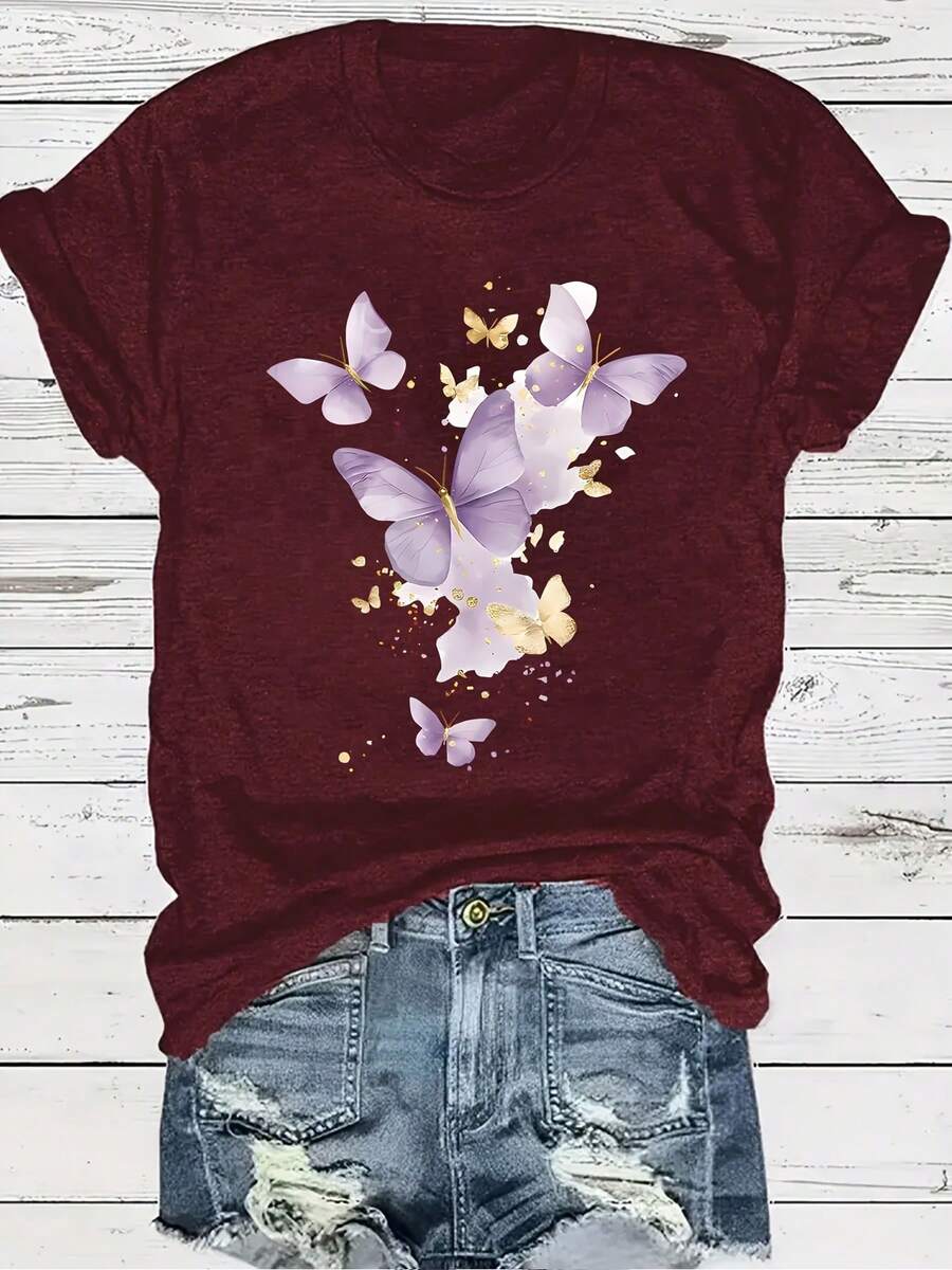 Plus Size Women's Plus Size T-Shirt With Purple Butterfly And Letter Print - Round Neck, Warm And Casual For Winter, Comfortable Casual Clothing For Plus Sizes, Cozy Machine Washable Blouse For Autumn And Winter - 酒紅色 - 查看 1
