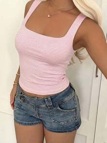 Camiseta de tirantes de punto a rayas rosa, estilo Y2K, diseño sin mangas adecuado para la playa, el transporte y el uso casual en verano - Rayas rosas y blancas - Ver 6