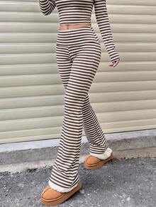Pantalones acampanados de cintura ancha a rayas casuales para mujer, leggings de cintura alta con pliegues y ajuste delgado para uso diario y en el hogar - Caqui - Ver 7