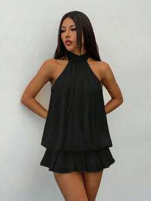Vestido mini elegante de mujer de color amarillo claro con cuello halter y lazo, adecuado para fiestas, citas, otoño/invierno, primavera/verano - Negro - Ver 4
