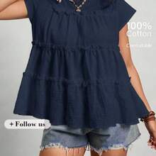 Freevana Plus Size Women's Vintage Peasant Casual Style | Blue And White Plaid Round Neck Sleeveless Tiered Ruffle Trim Babydoll Top - Sweet Loose Pullover Blouse - Azul Marino - Ver 1