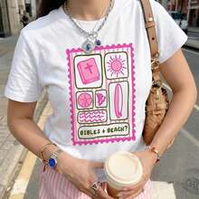 Women's "Bible + Beach" Pink And Green Plaid Graffiti Print Top, Short Sleeve, Loose Fit, Soft And Breathable Fabric, Sweet American Style, Suitable For Summer, Beach, Church Visits And Casual Outings With Friends - 白色 - 查看 6