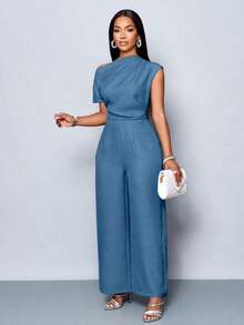 Mono de pierna ancha con hombros descubiertos, cuello asimétrico, pliegues en los hombros y manga corta, de uso casual, elegante y apropiado para salidas diurnas, en color albaricoque, para mujer de uso en las cuatro estaciones - Azul - Ver 1
