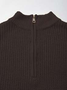 Women's Simple Ribbed Solid Color Casual Korean Textured Commuter Loose Versatile Stand Collar Zipper Half-Placket Pullover Long Sleeve Sweater, Spring/Autumn/Winter - Coffee Brown - View 8
