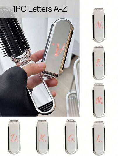1 Peine plegable chapado en plata y espejo de maquillaje - Diseño portátil de escritorio, plegable 180°, con patrón A-Z, peine de masaje multifuncional premium con espejo, herramienta de belleza moderna de viaje, peine plegable con espejo de maquillaje, fácil de transportar, peine de cojín de doble propósito, cepillo de masaje del cuero cabelludo, herramienta de peinado, esencial de viaje, adecuado para uso al aire libre, oficina y vuelta al colegio.