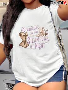 OversizeCamiseta steampunk ajustada para mujer con estampados de herramientas de belleza de estilo victoriano (peine, horquilla, espejo) - blanca con engranajes y ruedas dentadas rosas - camiseta casual de cuello redondo, adecuada para fiestas temáticas y moda steampunk - lavable a máquina y encantadora. - Blanco - Ver 6