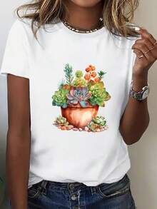Oversized Women's Plus Size Loose Fit T-Shirt - Breathable Short Sleeve Summer T-Shirt, Printed With Cactus And Succulent Plant Designs, Casual White Crew Neck T-Shirt, A Spring And Summer Must-Have Item, Comfortable And Soft Fabric, Lightweight Material, A  And Fashionable Clothing Choice. - 白色 - 查看 3