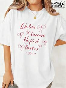 Modara Women's T-Shirt | White Front Print With Bow Patterns And Bible Verse "We Love Because He First Loved Us" | Comfortable And Casual Dress For Everyday Outings And Religious Events - 白色 - 查看 1