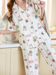 Gongdie Bộ đồ ngủ nữ Miffy 2 món, bộ đồ ngủ mùa hè tay ngắn và quần dài, bộ đồ ngủ mềm mại in hình hoạt hình và sọc xanh dương. - Nhiều màu - Xem 4