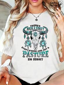 Women's Fashion T-Shirt Bull Skull With White Front Print With Turquoise Beads And Text There's Bull Everywhere And Not A Pasture In Sight Comfortable Casual Wear For Daily Outings And Cashier Style - 白色 - 查看 1