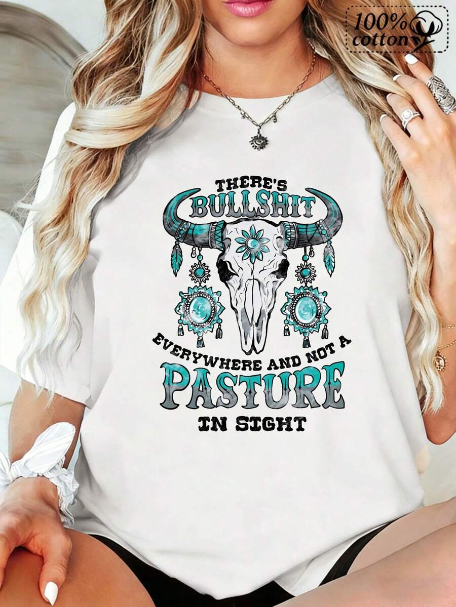 Women's Fashion T-Shirt Bull Skull With White Front Print With Turquoise Beads And Text There's Bull Everywhere And Not A Pasture In Sight Comfortable Casual Wear For Daily Outings And Cashier Style - 白色 - 查看 1