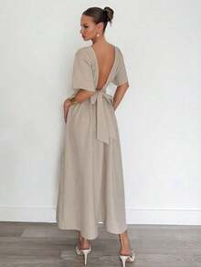 Vestido midi de verano casual para mujer con mangas de murciélago, espalda descubierta y cintura con lazo - Albaricoque - Ver 8