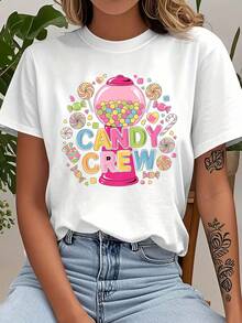 Estampado de máquina de dulces y piruletas "CANDY CREW", top casual de manga corta con cuello redondo y elástico, adecuado para primavera/verano, lavable a máquina, estilo de fin de semana, diseño relajado, estilo pullover, corte holgado, cómodo y bien ajustado, atuendo de energía positiva. - Blanco - Ver 6