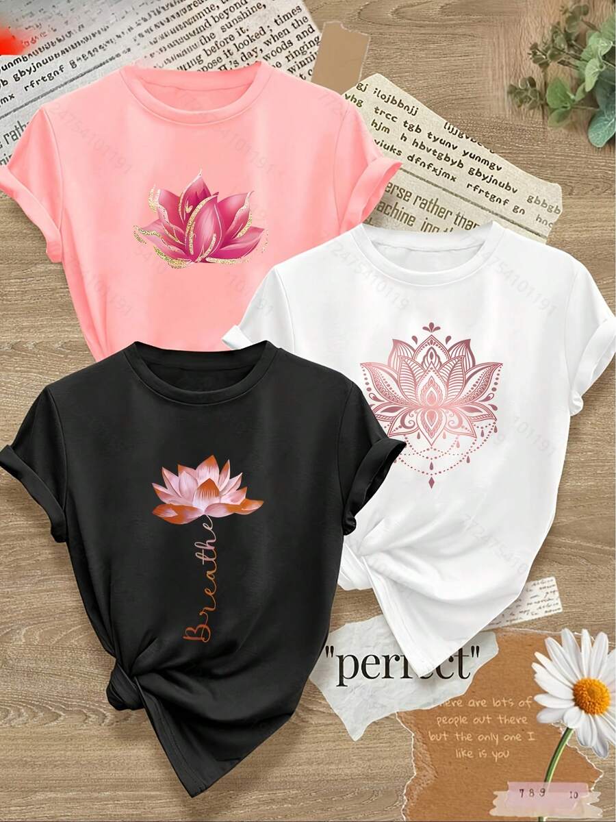 Camiseta de mujer con diseño combinado de loto dorado y rosa, estilo vintage, casual, deportiva, de manga corta, cuello redondo, estampado floral para primavera, verano y otoño. - Negro - Ver 1