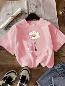 Women's Fashion Casual 1 Piece Set, Floral Print Short Sleeve T-Shirt. - 杏色 - 查看 3