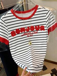Camiseta casual de mujer de cuello redondo y manga corta con estampado de letras y rayas - Multicolor 5 - Ver 3