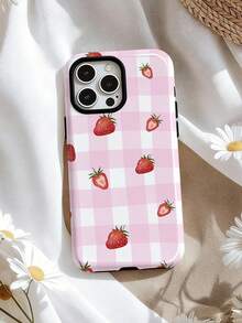 1pc Artistic Checkered Strawberry Graphic Glossy 2-In-1 Filmstrip Phone Case, Compatible With Samsung/ 11/12/13/14/15/16/17 Pro Max - Multicolor - View 1