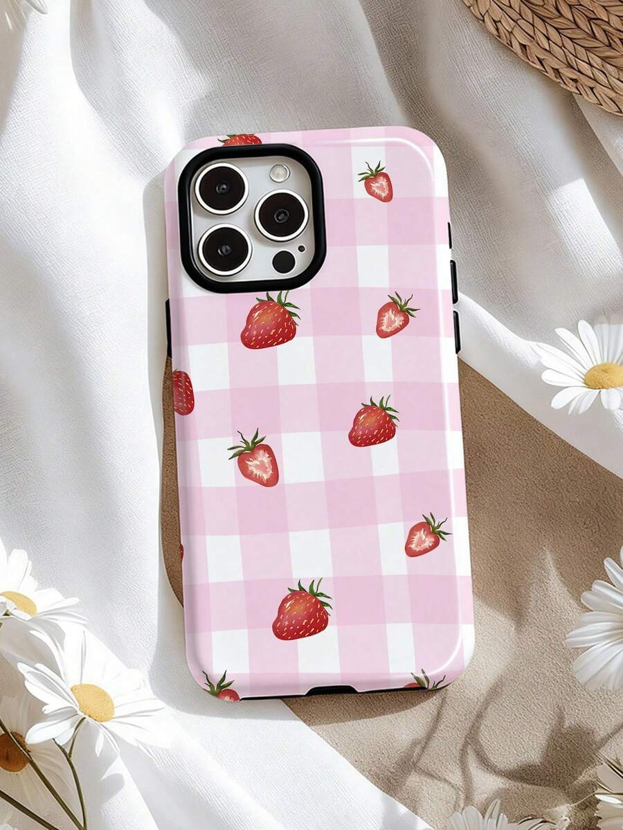1pc Artistic Checkered Strawberry Graphic Glossy 2-In-1 Filmstrip Phone Case, Compatible With Samsung/ 11/12/13/14/15/16/17 Pro Max - Multicolor - View 1