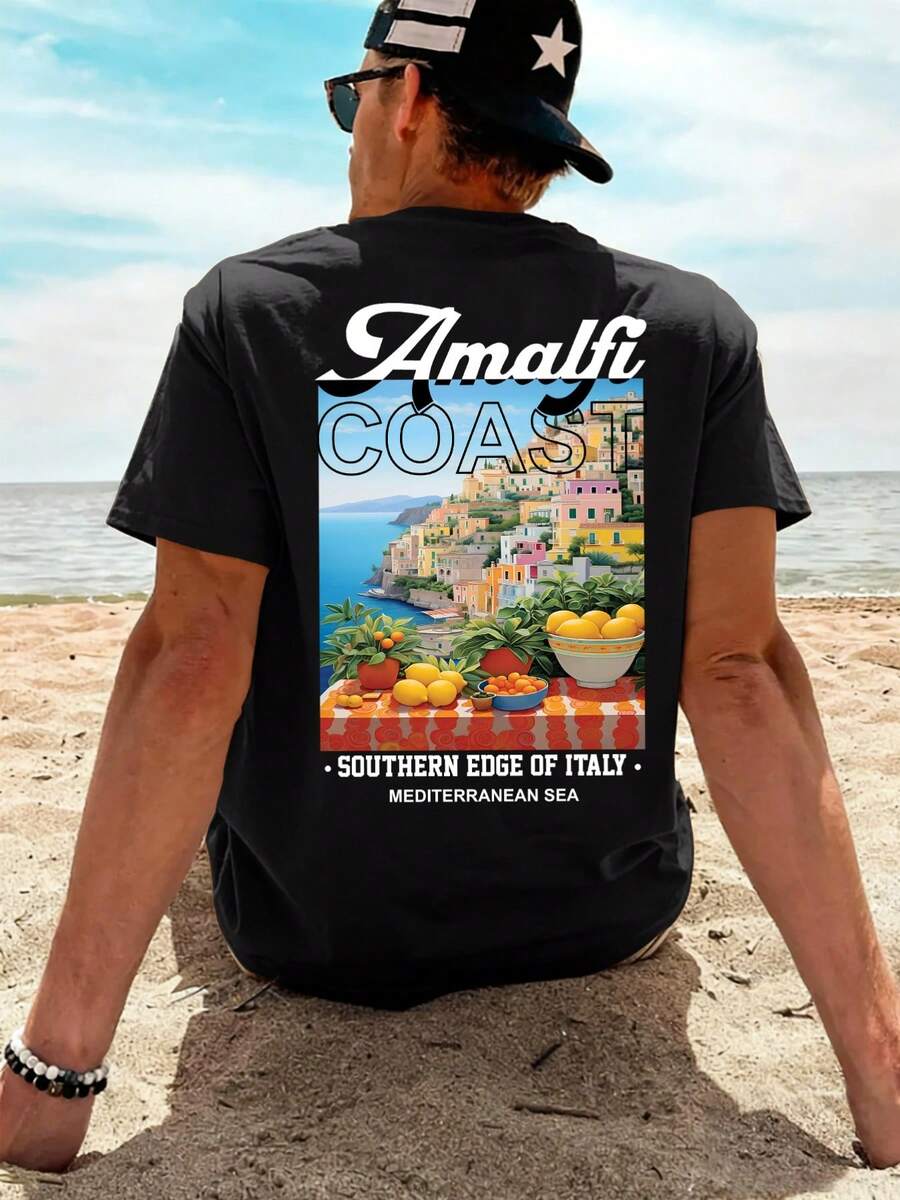 Camiseta de hombre de algodón puro con cuello redondo y manga corta, con un diseño estampado inspirado en la  de Amalfi, en el sur de Italia - Negro - Ver 1